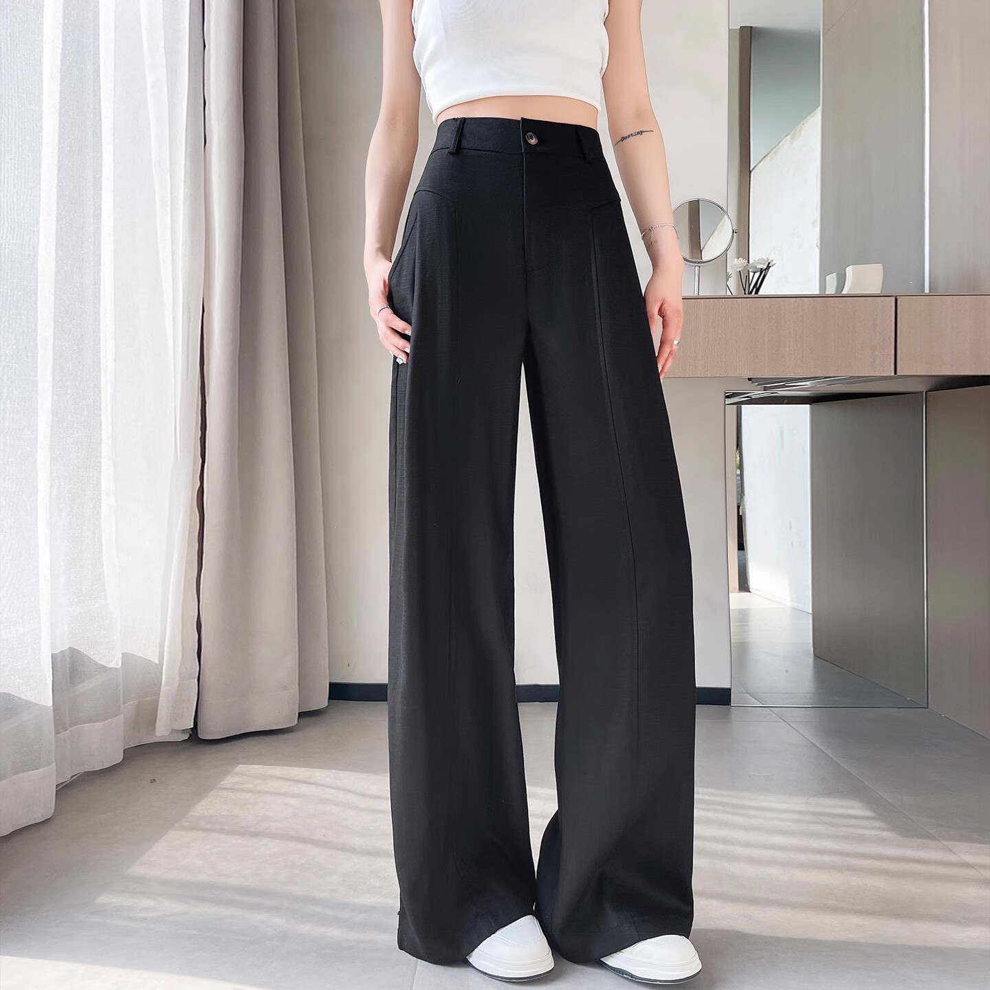 浪莎亚麻阔腿裤女新款夏季冰丝休闲裤高腰垂感小个子直筒薄款西装裤 白色【抗皱收肉显瘦塑身】 L 推荐体重(109-118斤)