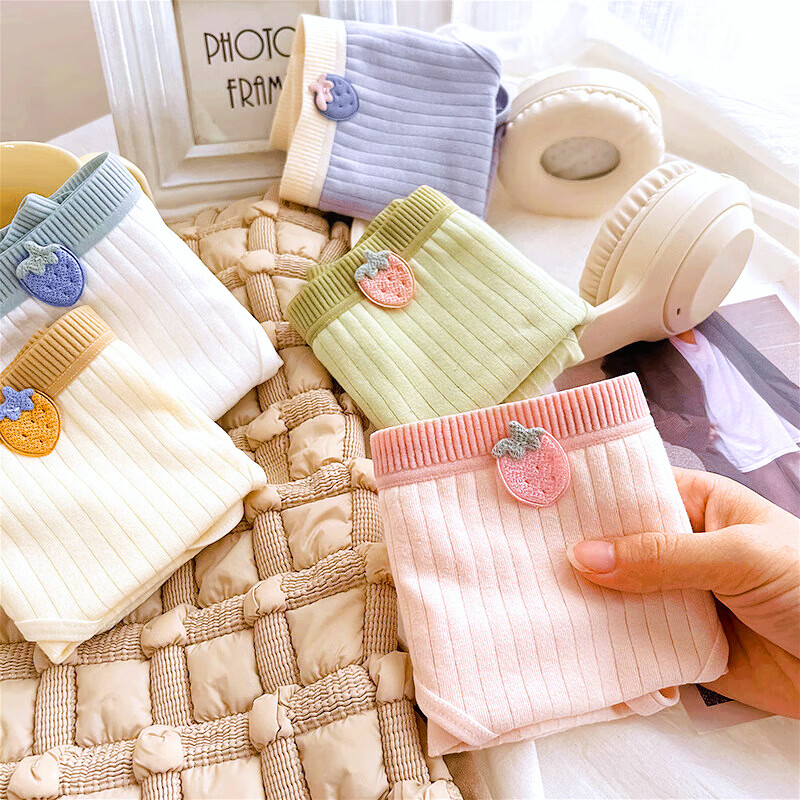 雅鹿内裤女纯棉小清新透气大码包臀三角裤纯欲女士透中腰少女草莓短裤 白+绿+紫+肤+粉 5条 L 【建议95-115斤】