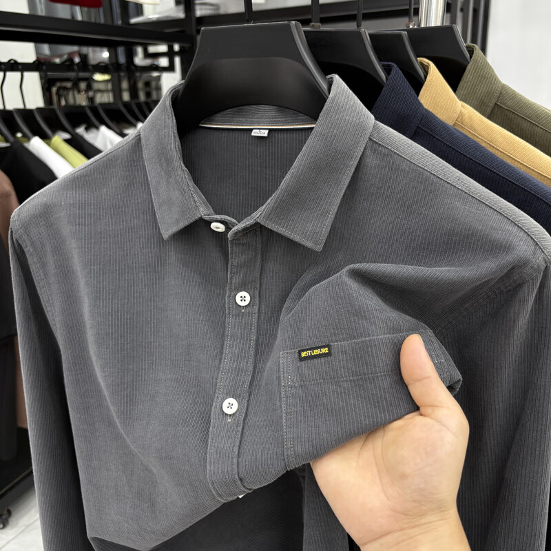 老爷车（LAOYECHE）100%纯棉灯芯绒真口袋男士长袖衬衫纯色休闲秋装衬衣保暖男装寸衫 IF-24620豆绿 L 推荐120-135斤