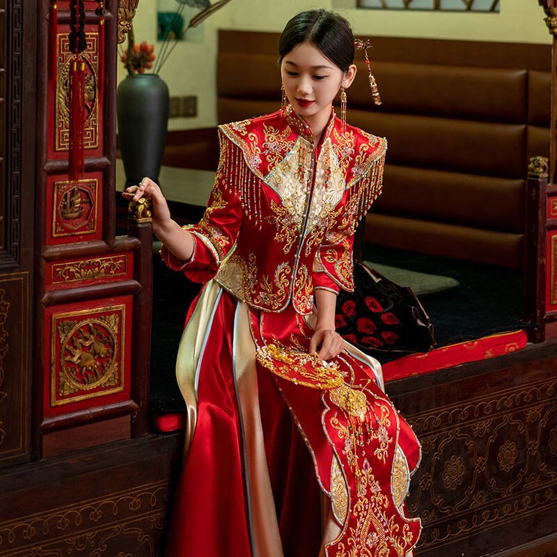 vfkz秀禾服新娘2023重工新款春季龙凤褂中式婚纱结婚礼服嫁衣凤冠霞帔