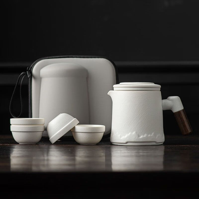 宅轻松功夫旅行茶具套装粗陶整套泡茶壶杯便携户外快客杯单人便携式露营 【白色】山语一壶四杯/胶囊包
