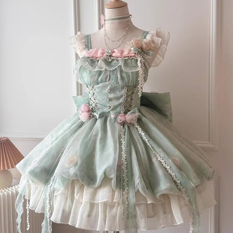 挽枝小花仙Lolita春日森林生日禮裙花園風(fēng)少女短裙甜美花苞禮服輕洋裝 小花仙花苞裙【送配飾】 S