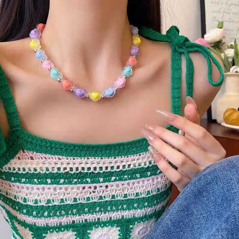 续品夏季ins风儿童多巴胺彩色爱心串珠项链甜美可爱女款吊坠女孩配饰 X1387彩色