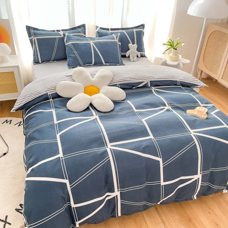 多兰诗（Duolanshi）磨毛四件套 小清新ins卡通田园花卉床上用品套件 几何方块 2.0米 床单款 被套200*230