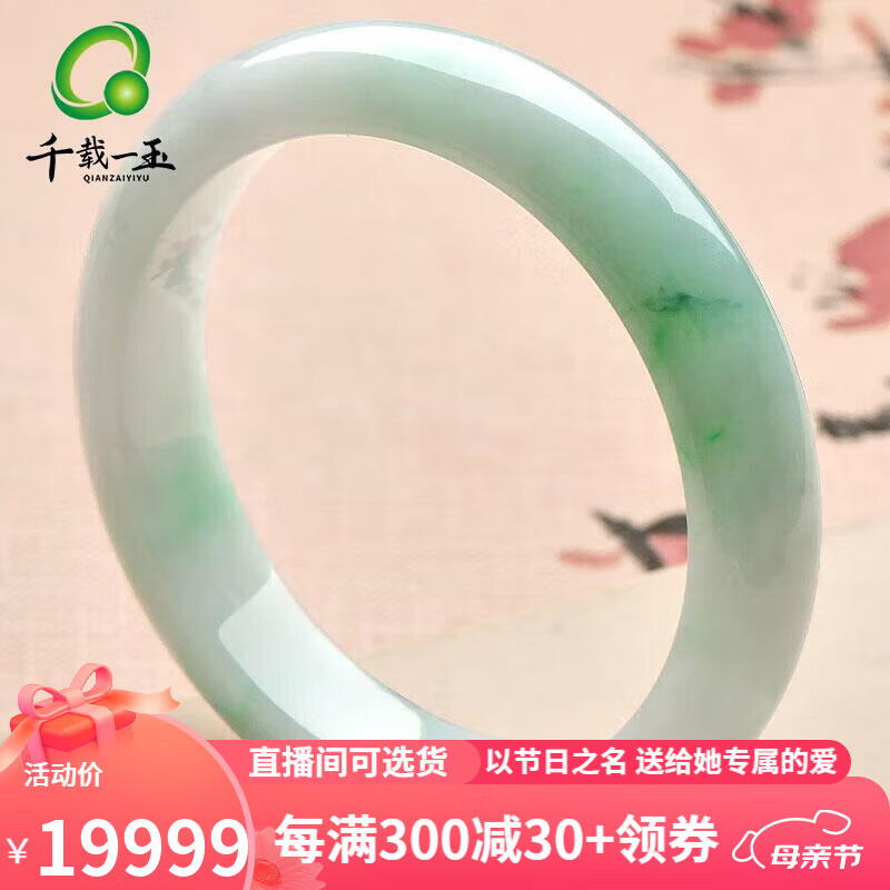 千载一玉【玉石孤品】翡翠玉手镯女士飘阳绿玉手镯玉石珠宝玉镯子 【QZC8232f】内径约56毫米