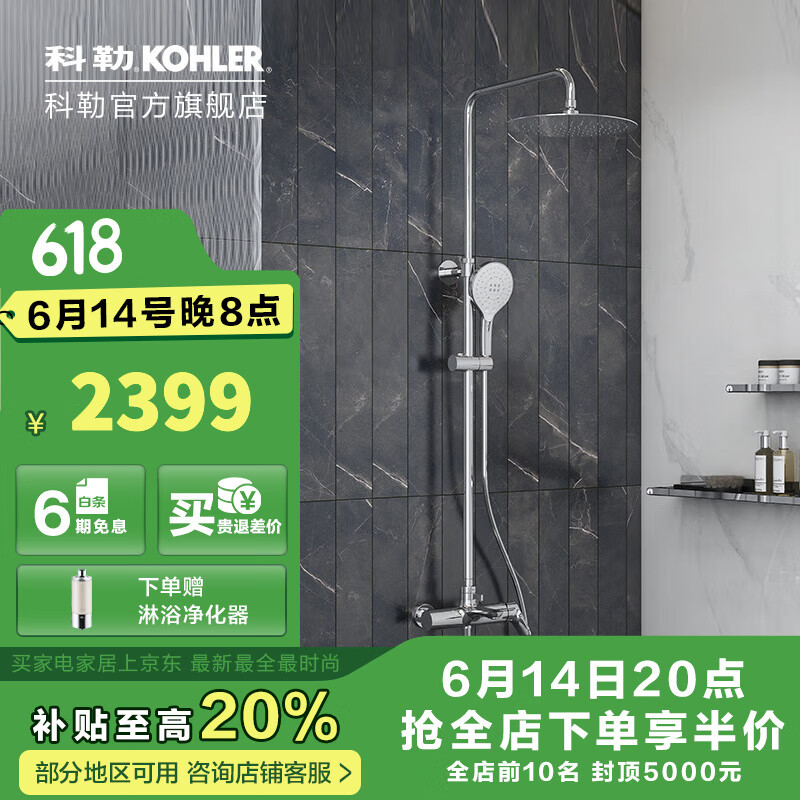 科勒（KOHLER）利奥淋浴花洒淋浴水龙头浴室洗澡龙头硬管连接大头顶【国补15%】 26241T圆形顶喷