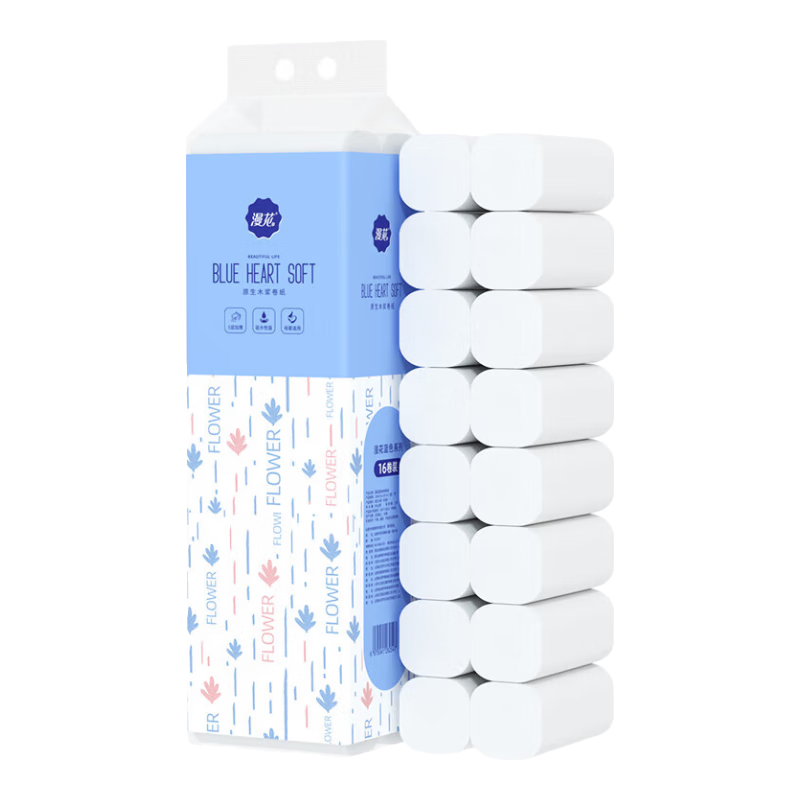 漫花无芯卷纸卫生纸家用厕纸擦手用纸原生木浆纸巾5层加厚实芯卷筒纸 5层 50g*16卷 【共800g】