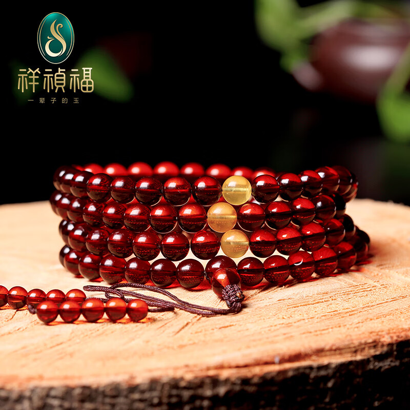 祥禎福珠寶（XIANGZHENFU JEWELRY）祥禎福 琥珀手串男女多圈血珀手錬DIY蜜蠟手飾佛珠108顆圓珠 6mm 珠徑約5-(典雅款)