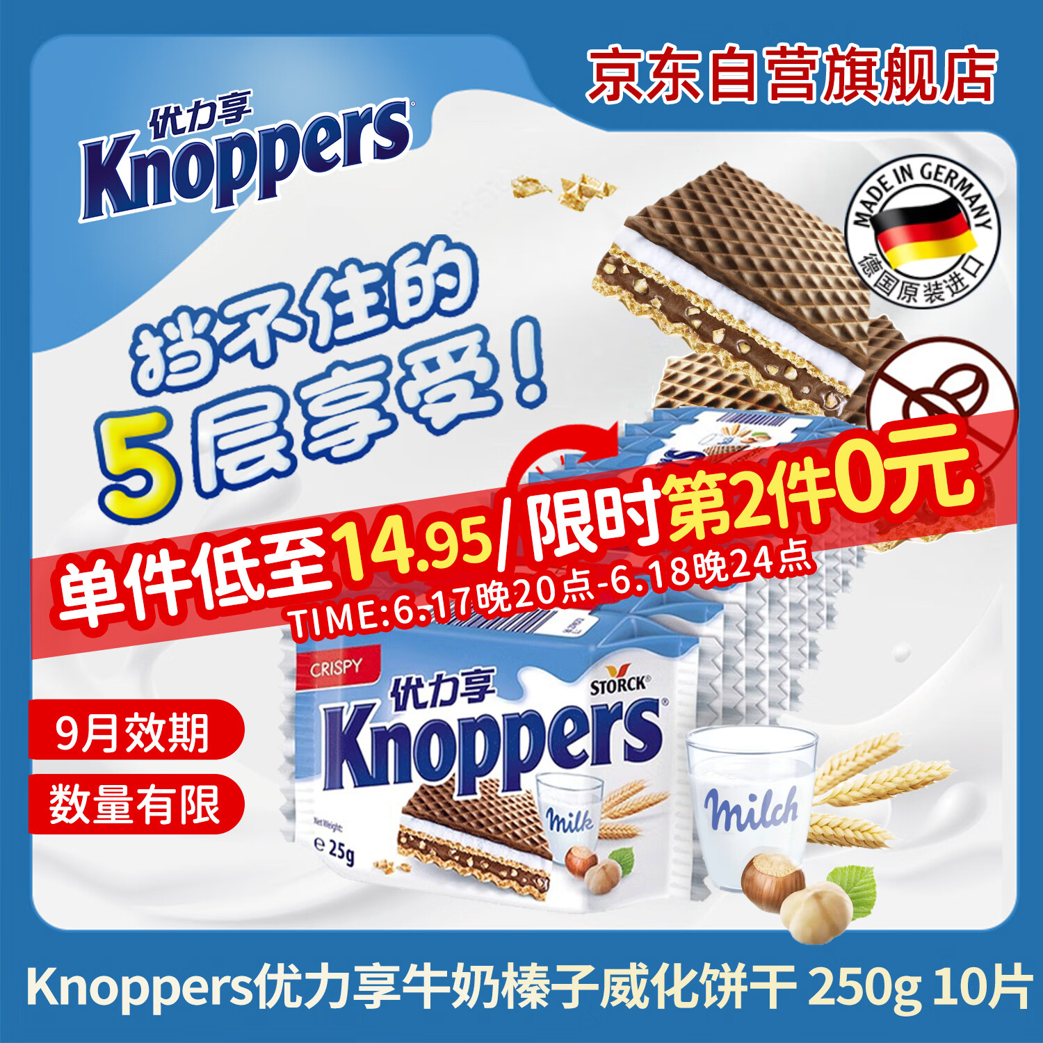 knoppers优力享 牛奶巧克力威化饼干250g10片 早餐代餐休闲零食 德国进口