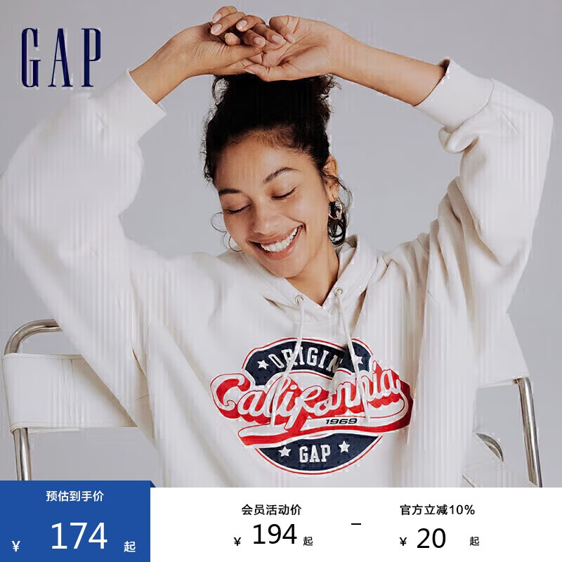 GAP女裝秋冬碳素磨毛logo印花抓絨連帽衛(wèi)衣保暖上衣634475