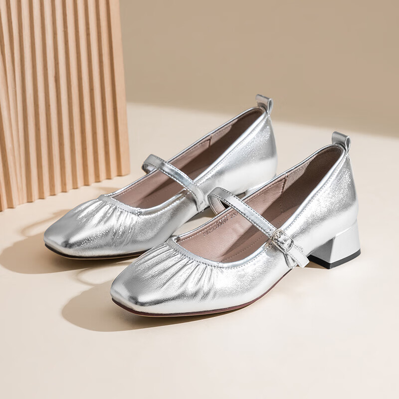大东玛丽珍鞋女2025年春季新款甜美方头褶皱低跟单鞋0089 银色 35