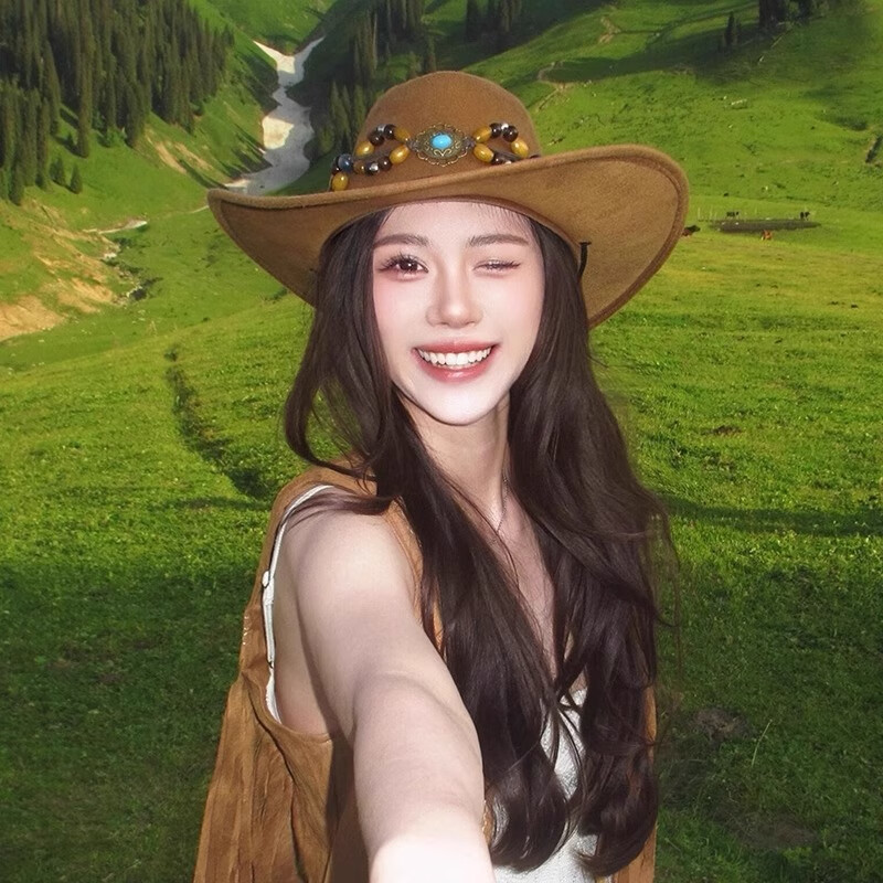 青甘大环线帽子民族风西部牛仔女夏季新疆西藏川西旅游穿搭登山遮 驼色 M（56-58cm）