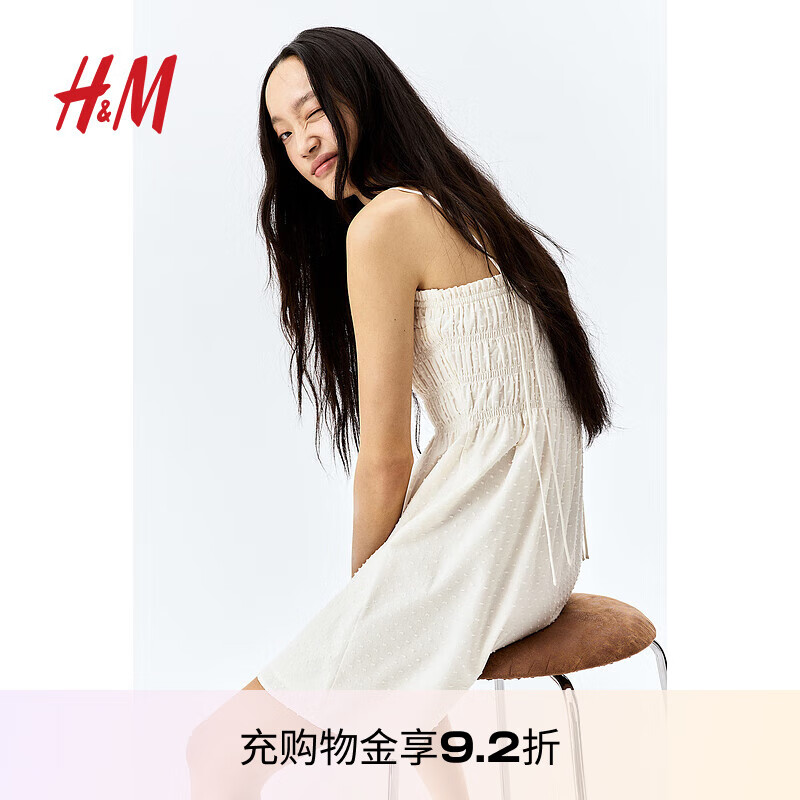 H&M女装背心吊带连衣裙25夏新款方领法式喇叭设计感碎花裙1275782 奶油色 建议拍大一码 S 160/88