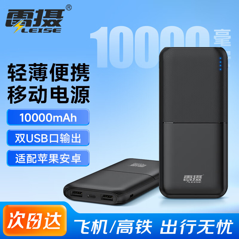 雷摄（LEISE）充电宝10000毫安 双口输入输出PD快充 可上飞机小巧大容量移动电源 适用华为小米苹果 RO2B黑色