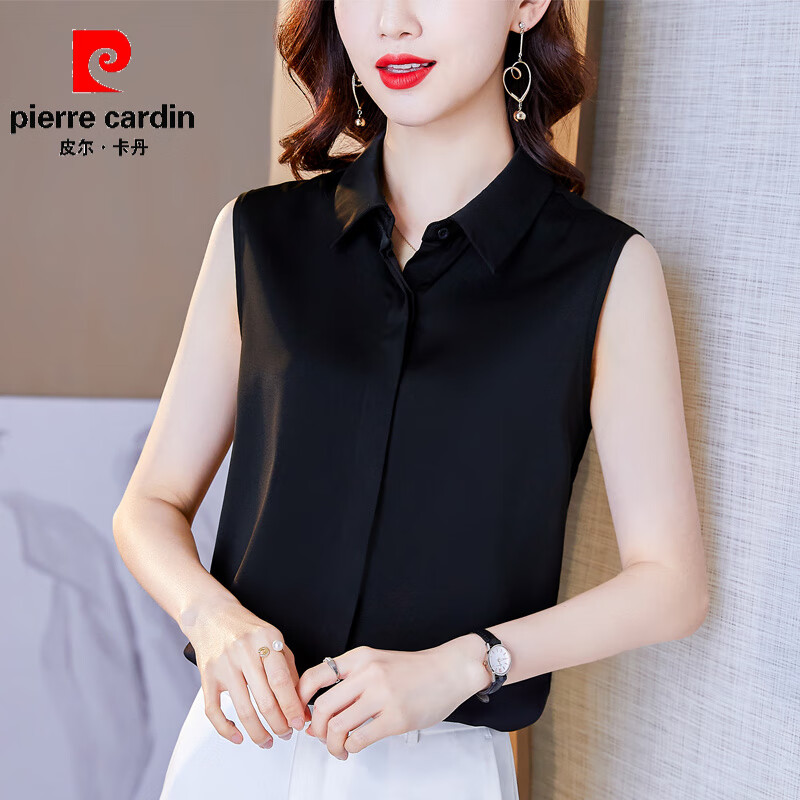 皮爾卡丹（pierre cardin）感白色襯衫女無袖打底衫襯衣領(lǐng)上衣內(nèi)搭配西裝夏季背心女 黑色 M 90~108斤