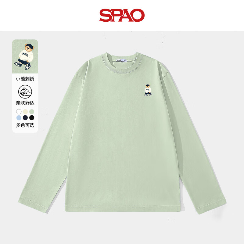 SPAO韩国同款小熊印花纯棉长袖t恤男士潮流百搭圆领上衣SPCX25ST01LD 浅绿#SP象牙熊-贴布绣 S