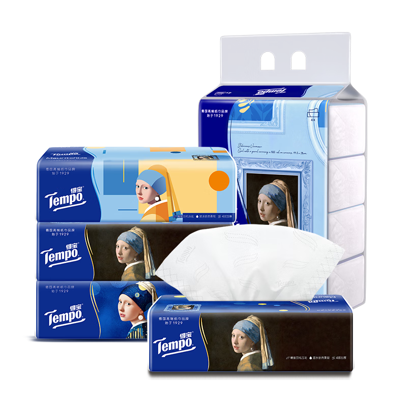 得宝（TEMPO）戴珍珠耳环的少女联名艺术抽纸 4层90抽*4包 湿水柔韧 餐巾纸