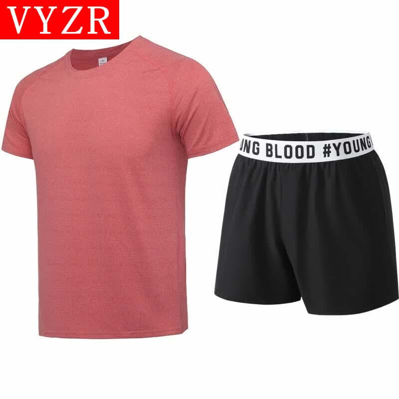 VYZR运动套装男健身跑步速干衣夏季羽毛球衣服新款骑行训练服短袖 花红色+黑色 M