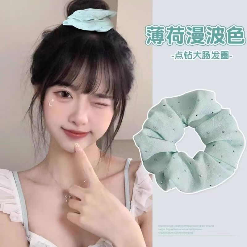 加恩倍薄荷曼波发饰蓝绿色大肠发圈新款头绳复古法式高级感韩系温柔 白色+浅绿各一个装