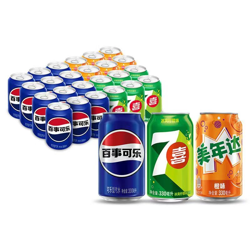 百事可乐碳酸汽水饮料经典罐整箱330ml 混合口味 原味12+七喜6+美年达6