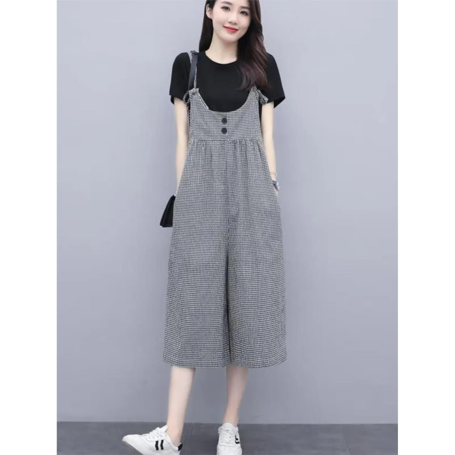 背帶褲女夏季2025新款時(shí)尚背帶褲女韓版寬松闊腿褲七分連體褲大碼 單褲子 M 98斤內(nèi)