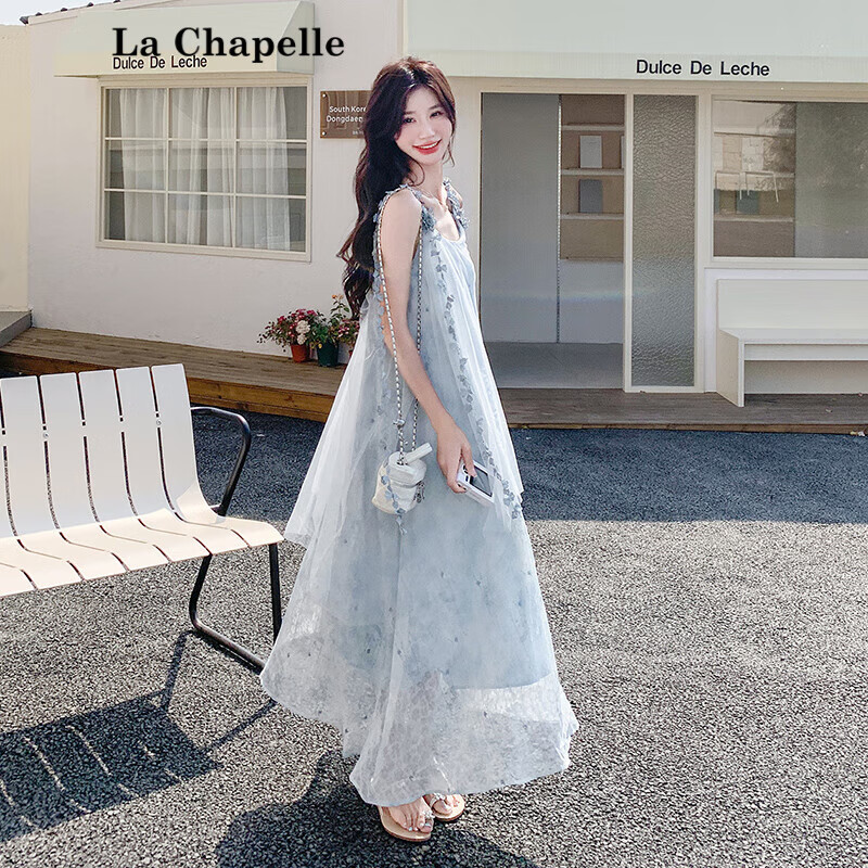 拉夏貝爾（La Chapelle）法式仙立體花朵吊帶連衣裙女2025夏季海邊度假絕美網(wǎng)紗碎花長裙 碎花 2XL （145斤內(nèi)）