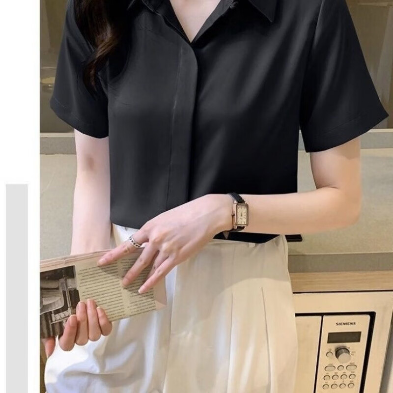 【优选好物】雪纺衬衫女夏季2025新款气质显瘦轻熟职业衬衣polo领 蓝色短袖 S