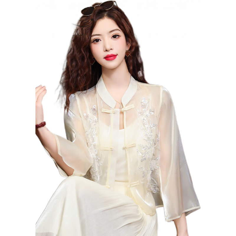羅蒙（ROMON）新中式歐根紗上衣開(kāi)衫薄紗防曬衣女夏季外穿天絲國(guó)風(fēng)襯衫2025新款 杏色 XL 【115-125斤】