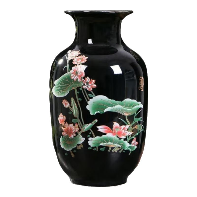 景德鎮(zhèn)景德鎮(zhèn)陶瓷中式賞瓶家居客廳電視柜玄關(guān)博古架插花仿古花瓶擺件 水晶釉黑底荷花冬瓜瓶 28cm
