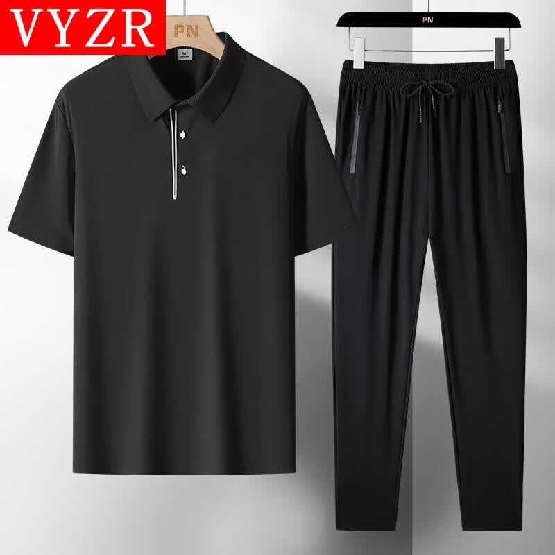 VYZR冰丝polo运动套装男士夏季跑步健身新款商务休闲速干短袖长裤一套 散口-黑色 L