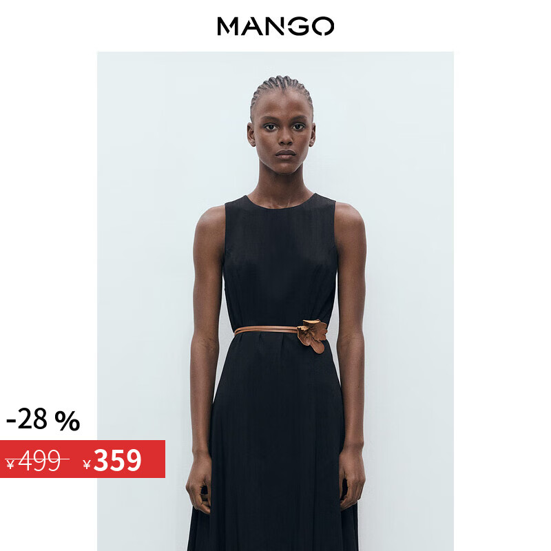 MANGO年中折扣女裝連衣裙2025夏裝新款黑色圓領(lǐng)無袖寬肩帶花苞連衣裙 黑色 S
