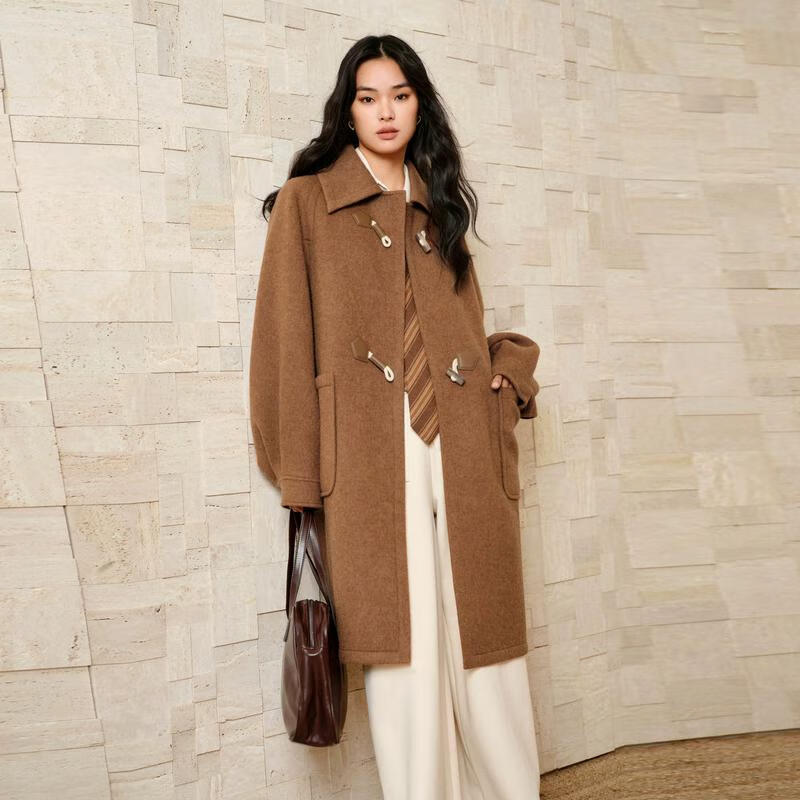 伊芙麗(eifini)美拉德學(xué)院風(fēng)牛角扣雙面呢大衣 紅棕 XL