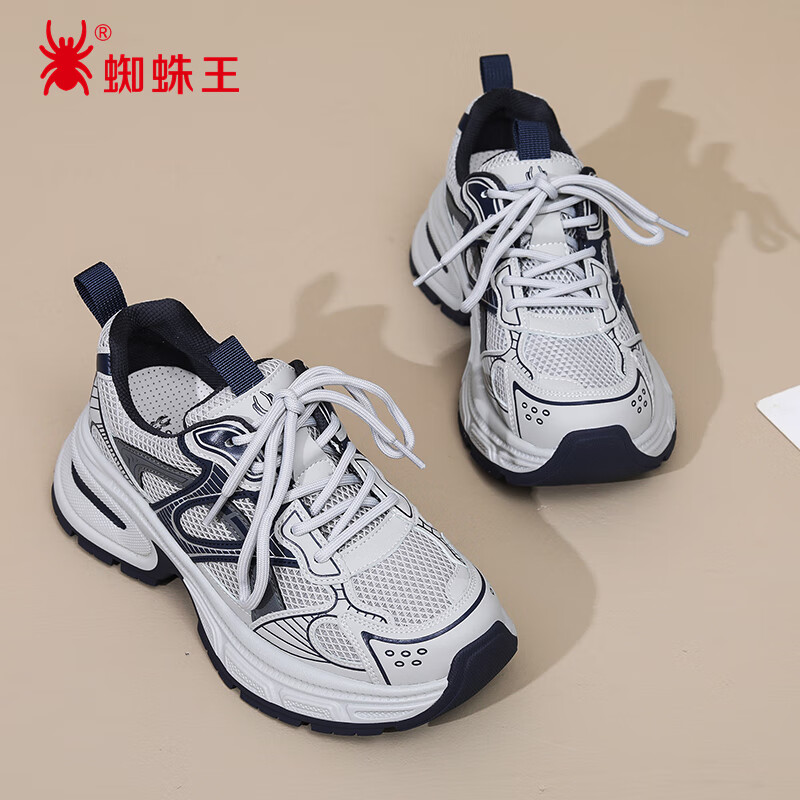 蜘蛛王老爹鞋女秋季休闲时尚厚底增高运动鞋舒适轻便透气女鞋 灰-蓝 39