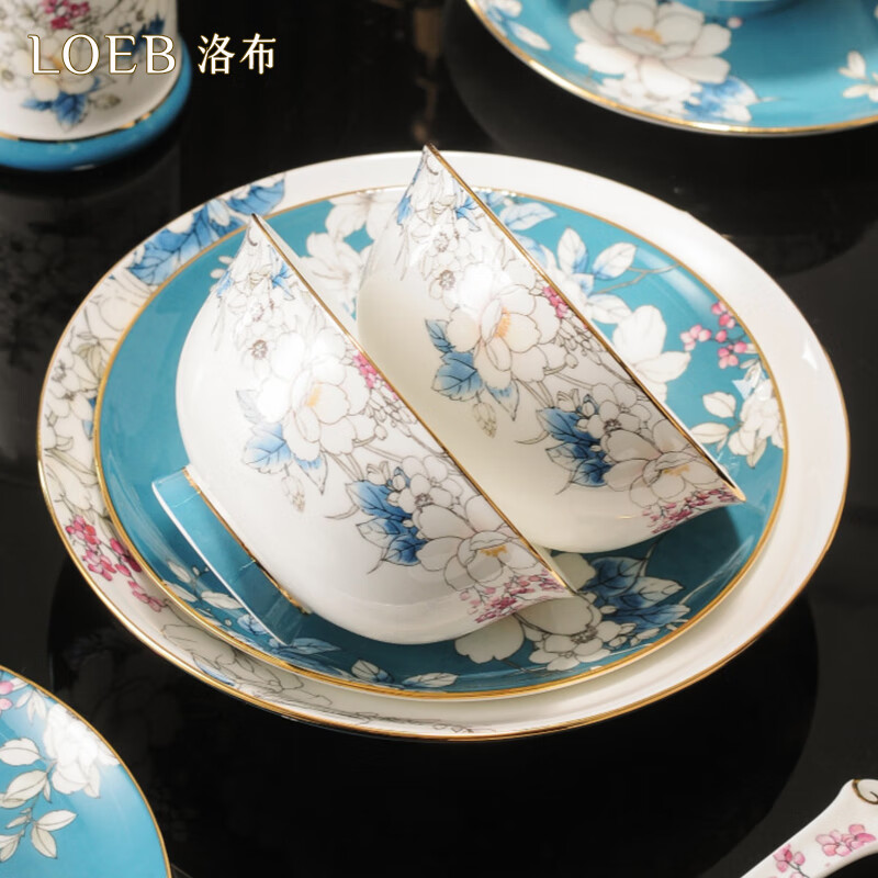 洛布LOEB骨瓷新中式高温瓷餐具套装碗碟套装开业乔迁新婚送礼轻奢高档礼品 牡丹国色六人食餐具套装- 38头