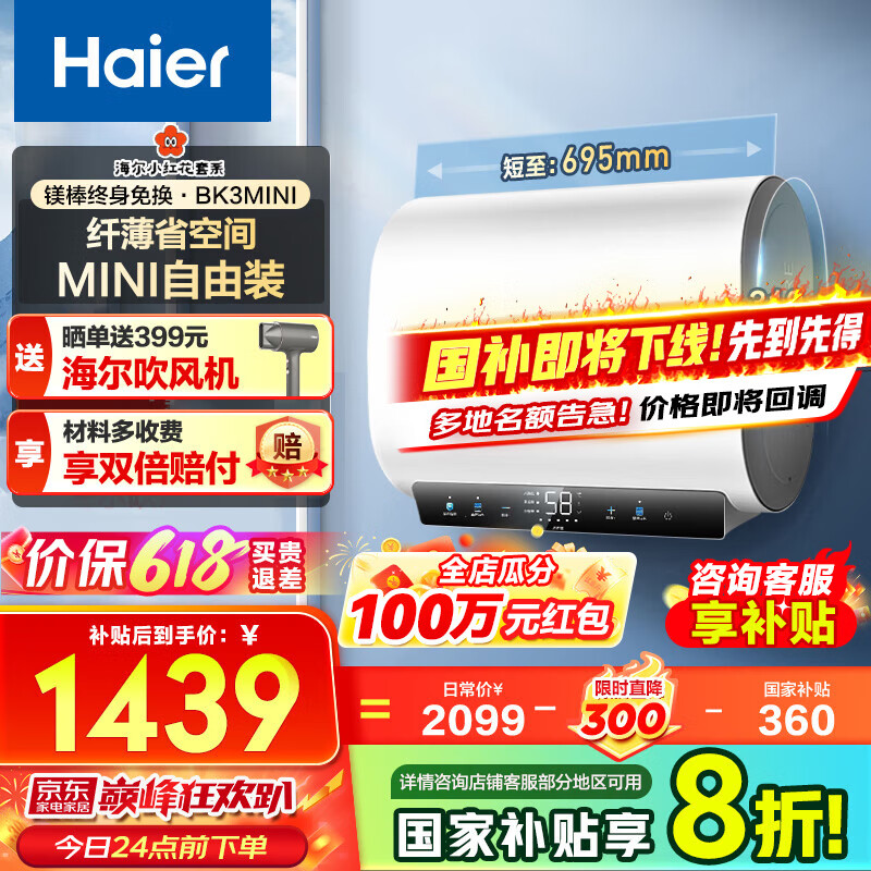 海尔（Haier）电热水器双胆扁桶3300W变频速热【BK3PRO/BK3/BK3MINI】一级能效热水器小魔盒定制 60L 3300W 小红花系列BK3mini
