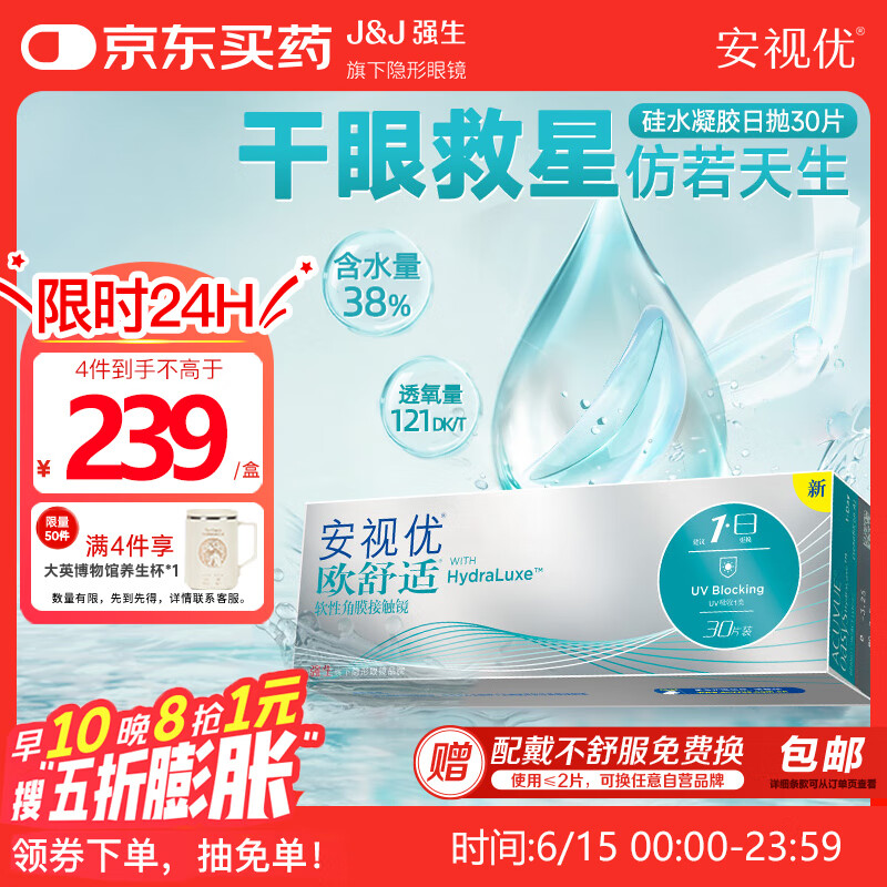 强生隐形眼镜日抛进口欧舒适硅水凝胶高透氧保湿30片装400度