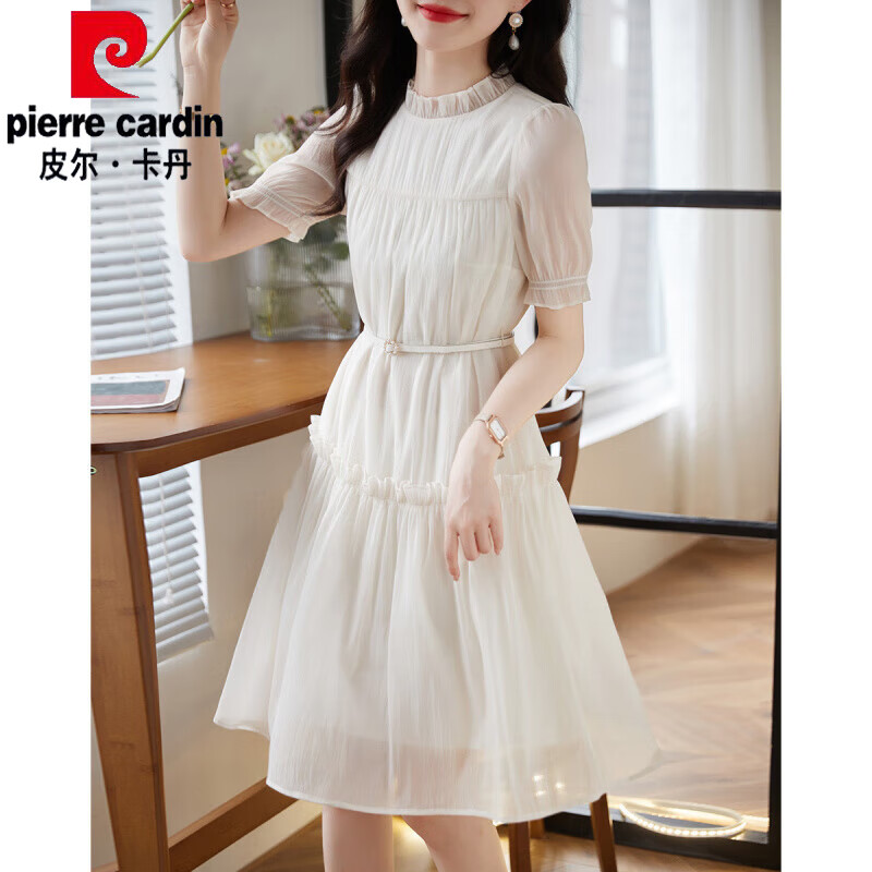 皮爾卡丹（pierre cardin）法式優(yōu)雅雪紡短袖連衣裙女春夏新款小個子娃娃裙高腰中長裙 杏色 S