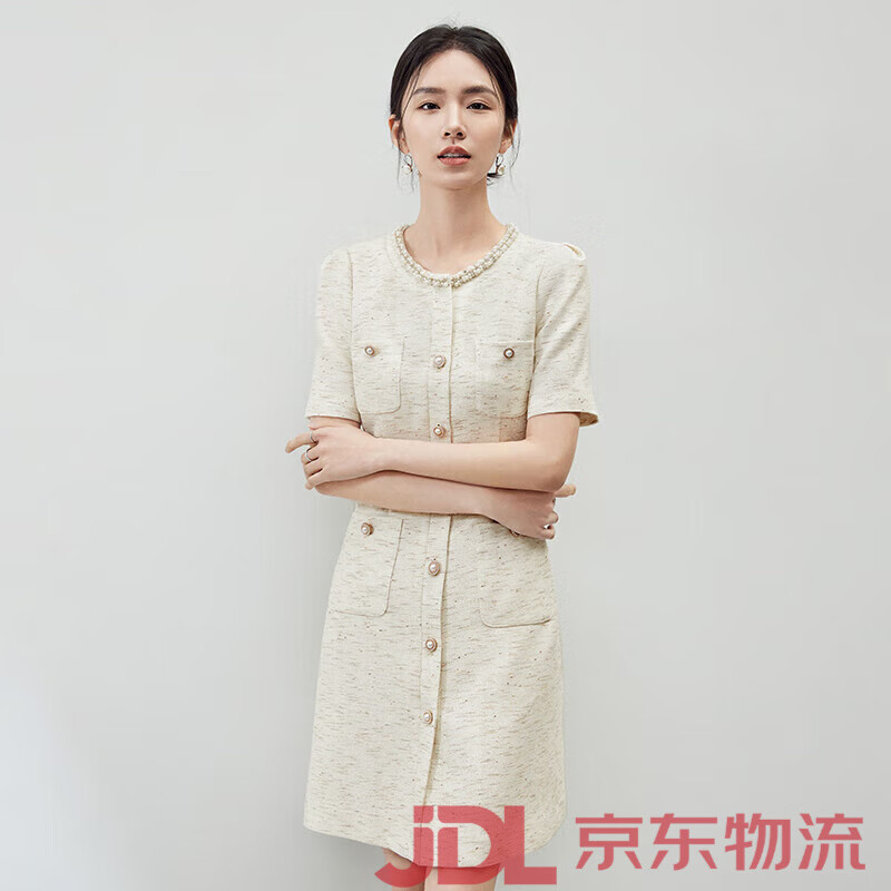 尚都比拉（Sentubila）高端精致亞麻短袖小香風(fēng)連衣裙女夏季珍珠織帶圓領(lǐng)長裙子 珠光白 S