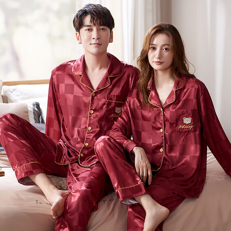 【厂家直发】睡衣情侣红色男士春秋款冰丝条纹家居服喜庆女仿绸套 316 XL 男码