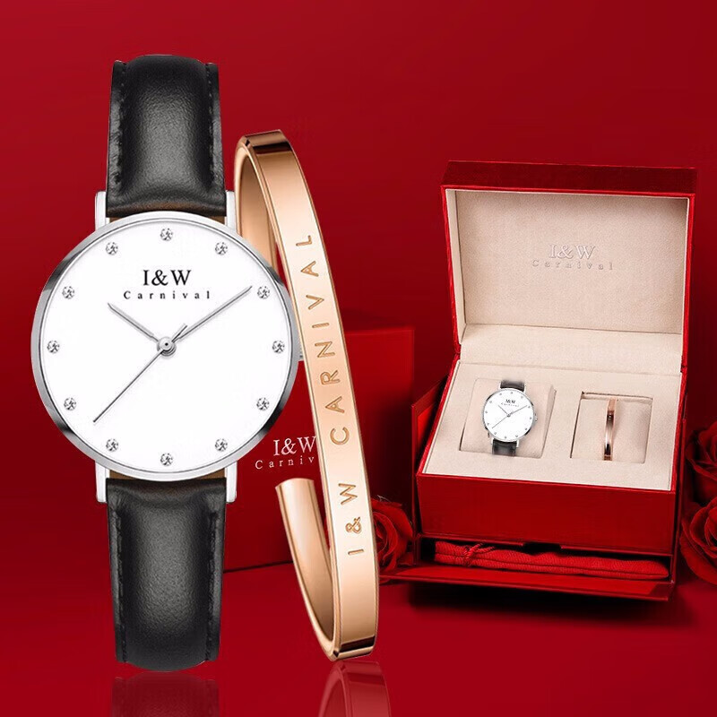 爱沃驰瑞士钻钉刻度纤薄32mm时尚防水石英手表女士表七夕生日礼物送女友 银壳白面|黑皮带