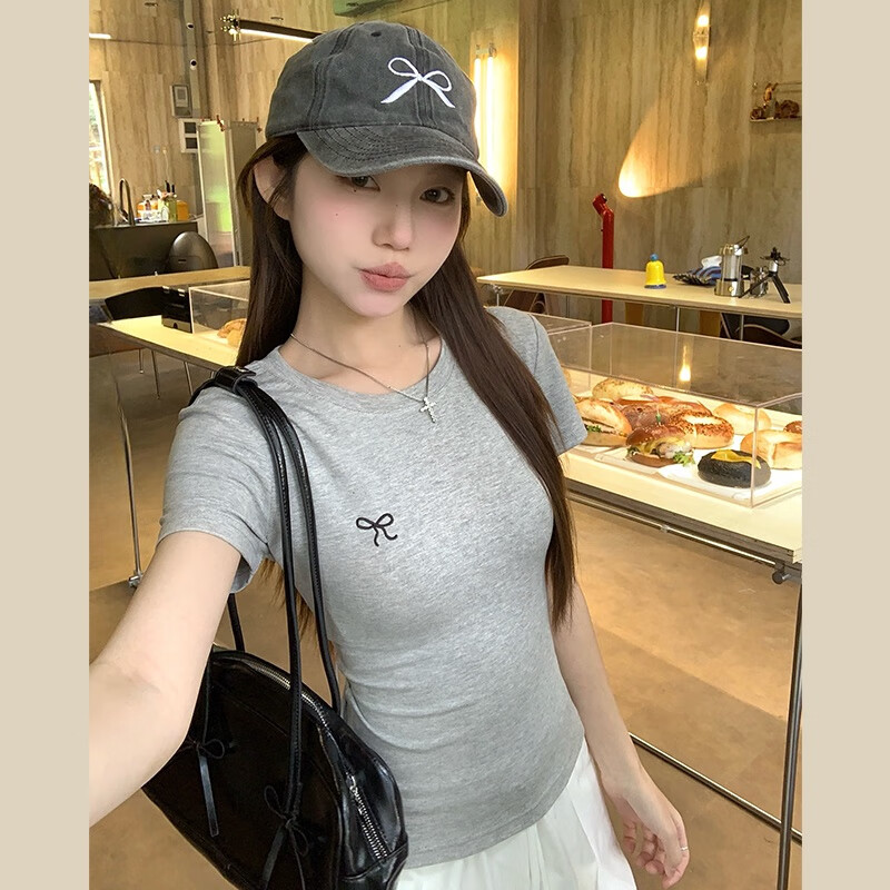 帅西欧蝴蝶结纯欲圆领修身显瘦T恤弹力短袖正肩上衣2025夏新款 灰色 L