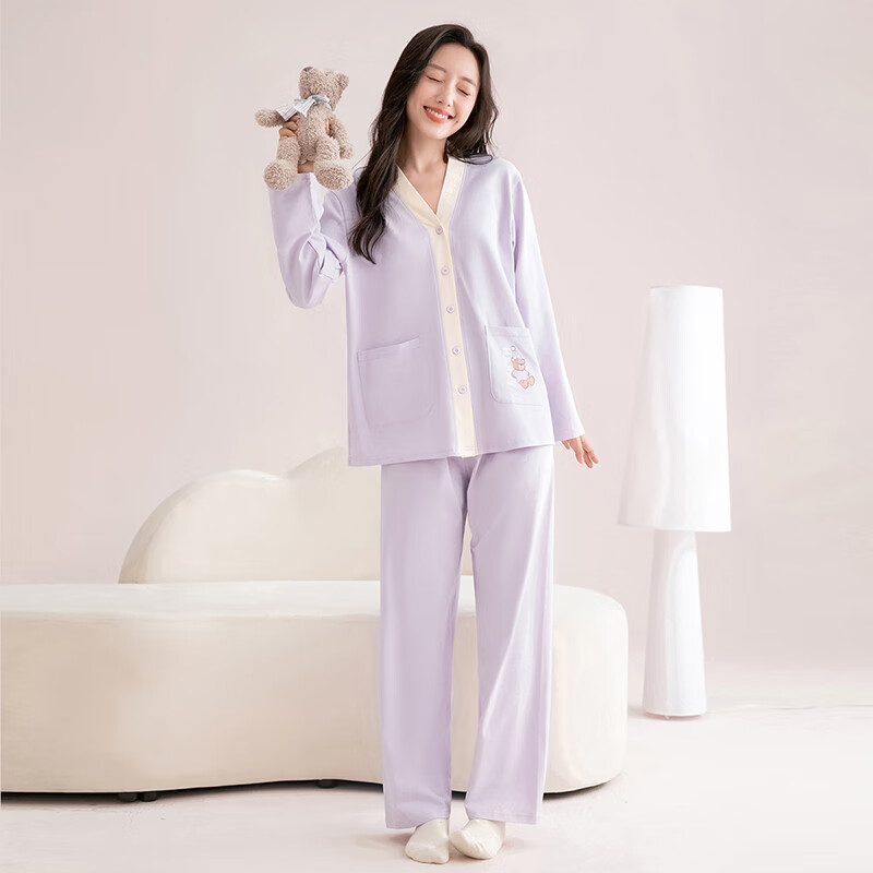 芬腾睡衣女100%纯棉2025秋季新款撞色V领小熊外穿柔软长袖家居服套装 浅紫 L