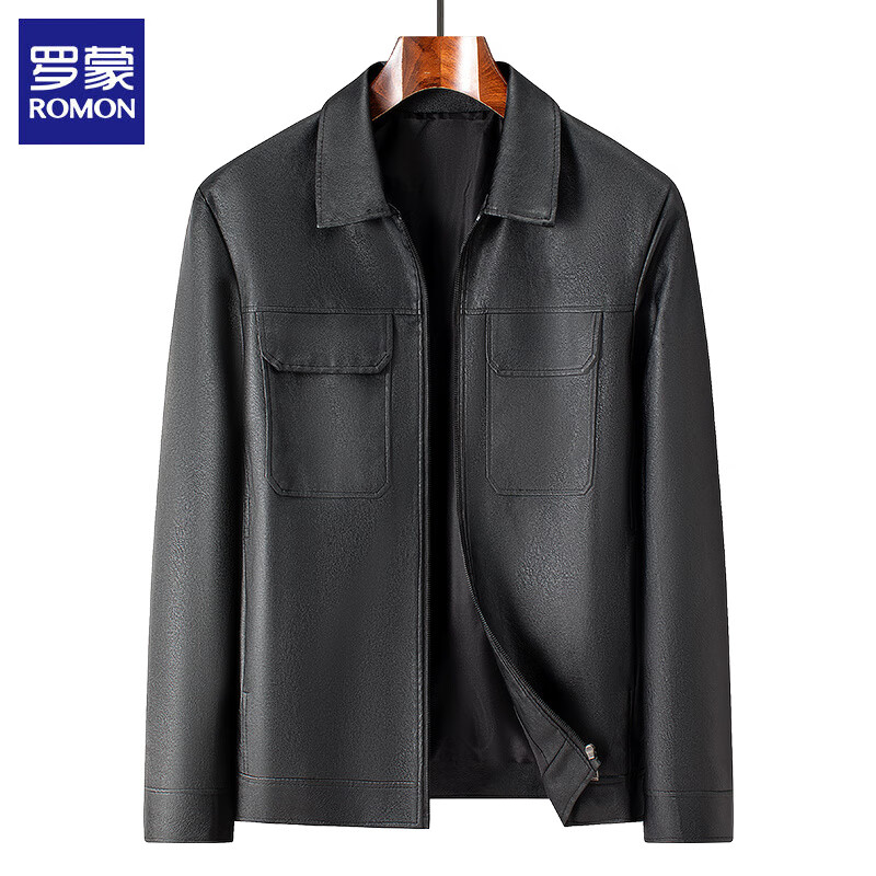 罗蒙（ROMON）男士皮夹克外套2025秋季新款中年商务休闲翻领PU皮茄克男装上衣 黑色 3XL (180)