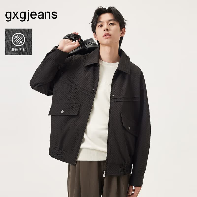 gxgjeans男装 黑色肌理感分割设计简约翻领宽松夹克外套25秋新品 黑色 L (175)