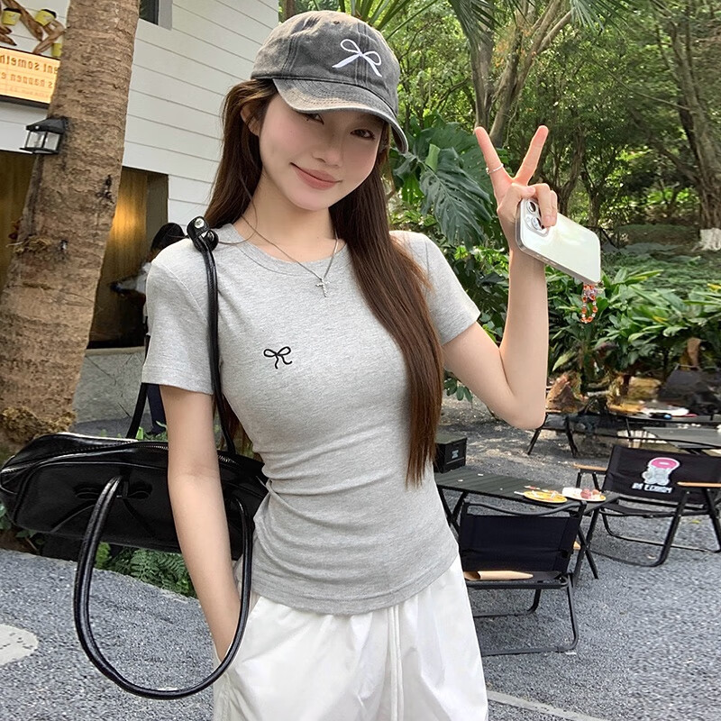 帅西欧蝴蝶结纯欲圆领修身显瘦T恤弹力短袖正肩上衣2025夏新款 灰色 L