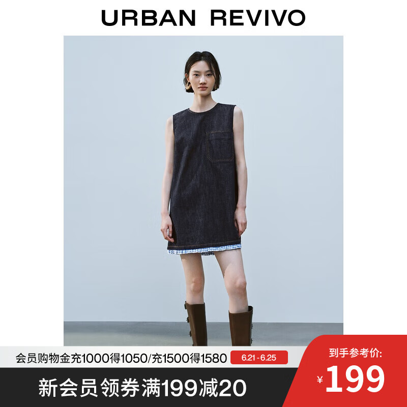 UR2025夏季新款女装休闲拼接格纹无袖牛仔连衣裙UYY850157 靛蓝 S