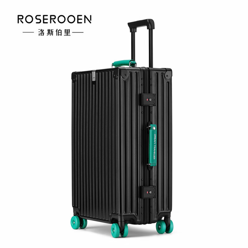 洛斯伯里（Roserooen）行李箱新款撞色复古20寸登机箱铝框拉杆箱万向轮高颜值旅行密码箱 黑配绿 26英寸