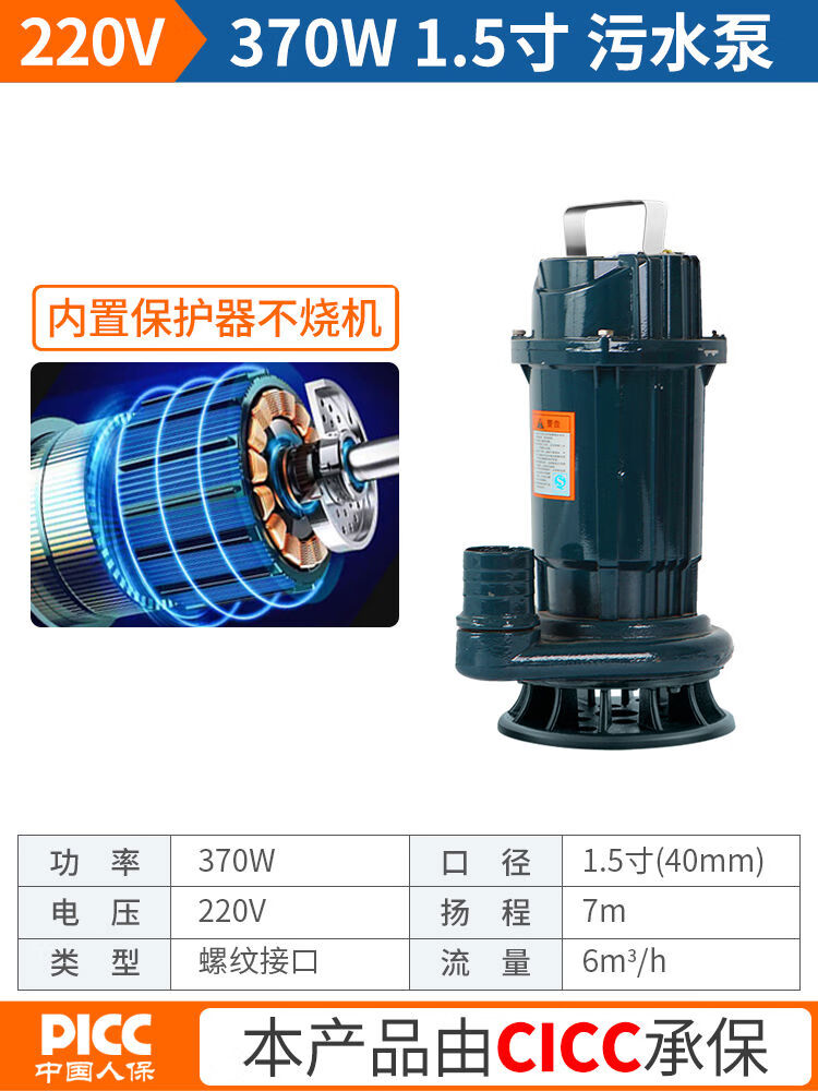 臣源（CHENYUAN）污水泵220V家用小型抽糞泥漿農(nóng)用灌溉化糞池排污泵380V三相抽水泵 迷你款370w污水泵