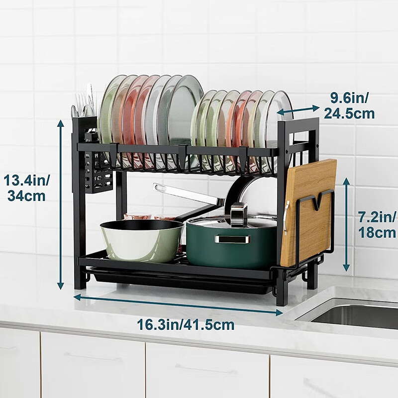 歐潤哲新款黑色不銹鋼方管雙層碗碟架帶刀叉筷子筒砧板架廚房餐具瀝水架 黑色碳鋼雙層