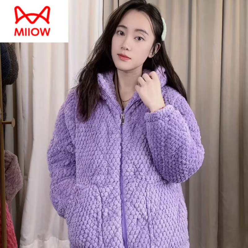 睡衣女冬季法兰绒三层夹棉加绒加厚家居服可爱套装可外穿 玫瑰绒紫色